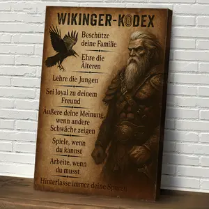 1 piece Viking Code wooden picture frame wall art - vintage Nordic decoration with German text and Viking regulations, vintage wooden frame with hook-style historical theme artwork, suitable for living room, study, office, elegant typography style, rugged