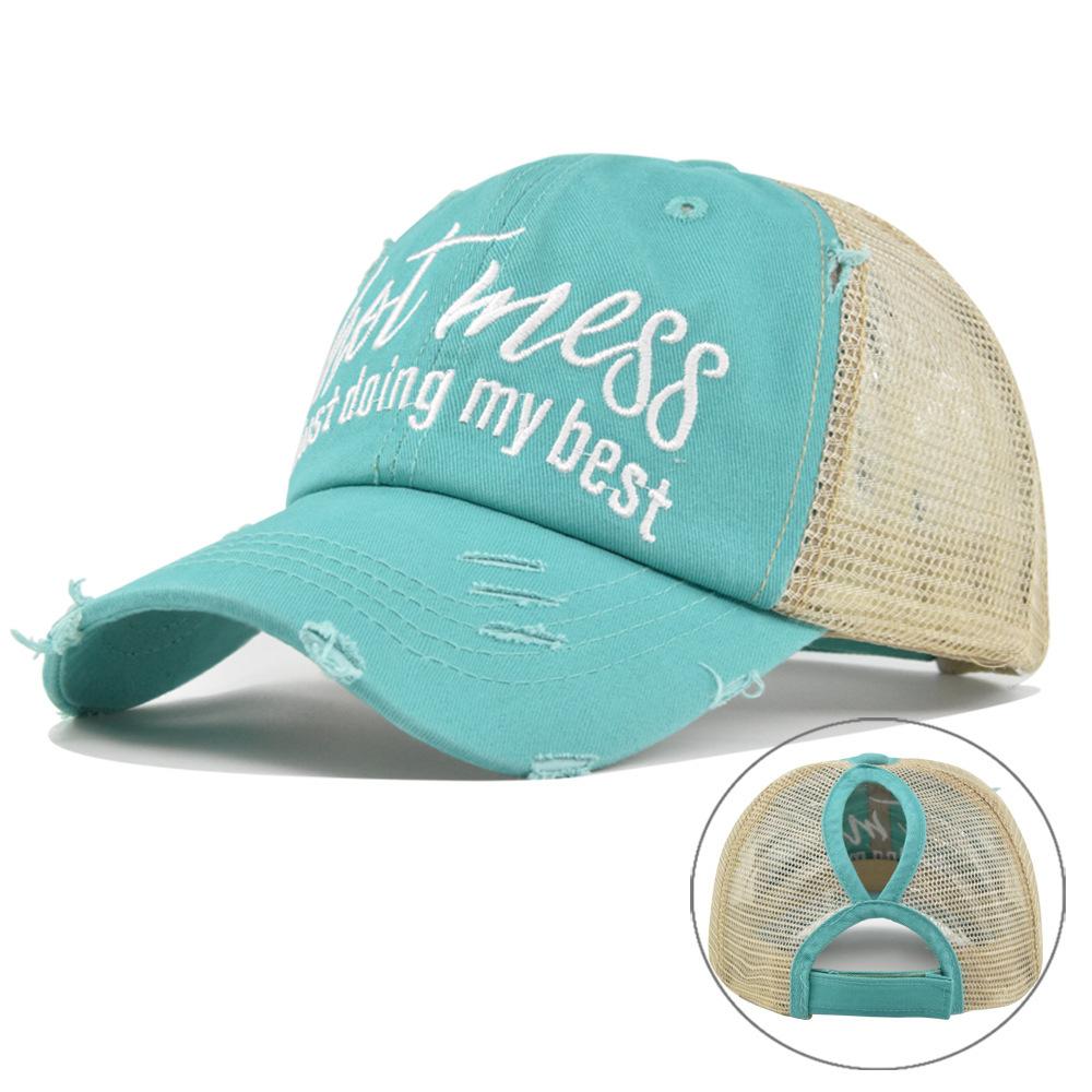Ponytail hat with embroidery, European and American trendy cap, open-top baseball cap, ponytail cap, distressed baseball cap, versatile sun hat