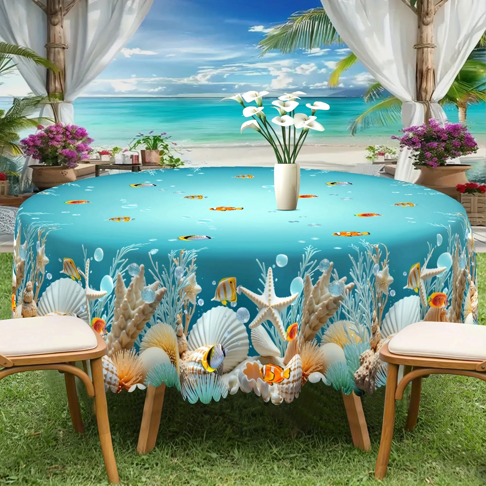 1pc of The Marine Series Blue Coral Tablecloth + 4pcs of Self-Adhesive New Year And Summer Marine Ornamental Fish Tablecloths, Circular Tablecloth for Restaurant And Kitchen, Rectangular Tablecloth for Holiday Party Decoration