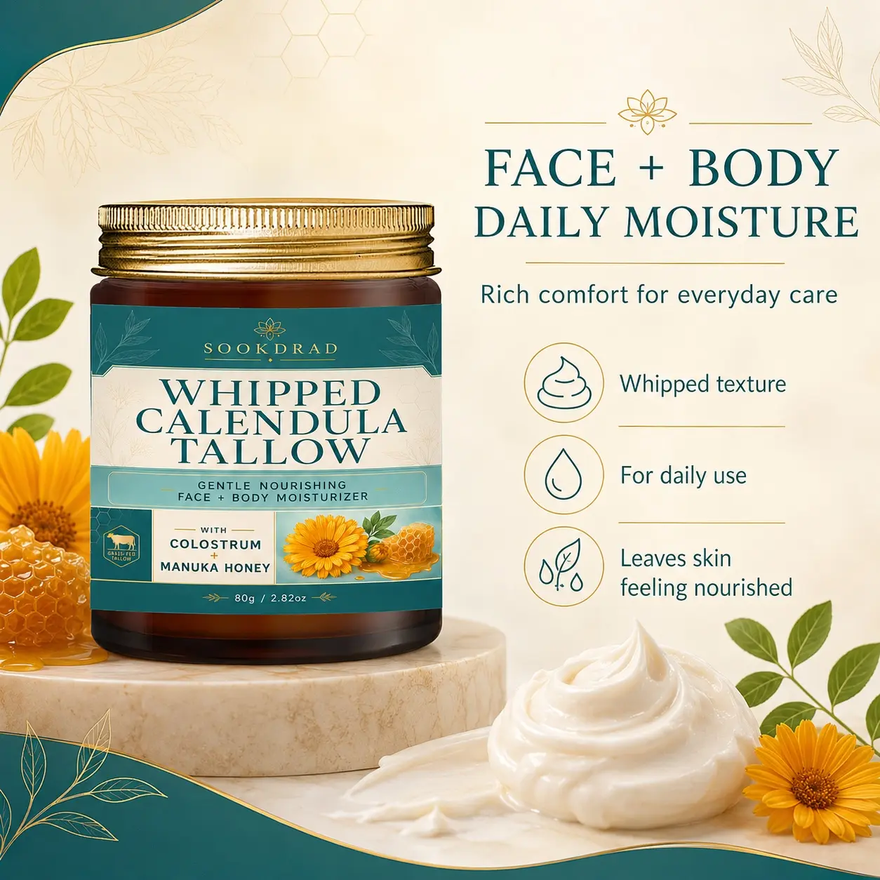 Whipped Calendula Tallow, Grass-Fed Tallow, Colostrum, Manuka Honey, Gentle, Nourishing, Face, Body Moisturizer, 80g