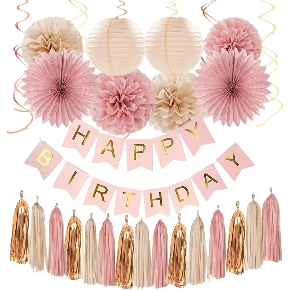 Birthday Party Decorations, Blush Paper Lantern Bunting, Rose Gold Crinkle Flower Ball Fan Fringe Scottish Decoration Supplies, Festive Touch