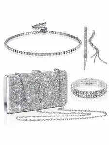 4 Pcs Silver Elegant Fashionable Embellished Clutch Purse Jewelry Set for Women Rave Accessories Evening Rhinestone Purse Silver for Bride Wedding