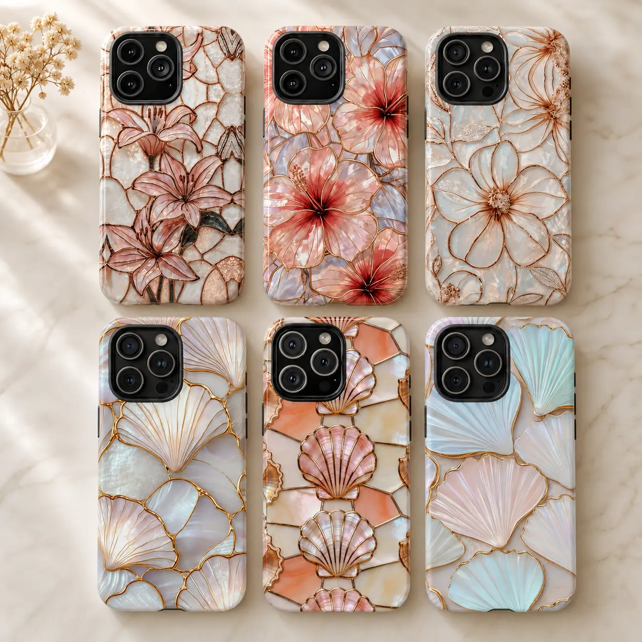 2D Faux Hibiscus Iridescent Seashell Stained Glass Print TPU-Polycarbonate Flexible Phone Case for iPhone 17-13, XR, Air Series, with Celestial Lily Tulip Flowers, Elegant Floral Ivory Design, 5G, Dual Card, Ultra HD Coastal Faux Mosaic, Smartphone, Handh