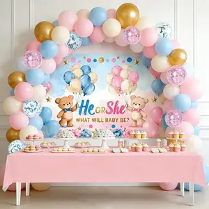 Bear Gender Reveal Decorations Party Supplies - 133Pcs Kit with He or She Backdrop, Macaron Balloon Arch Garland, Tablecloth, Boy or Girl Baby Shower Decor