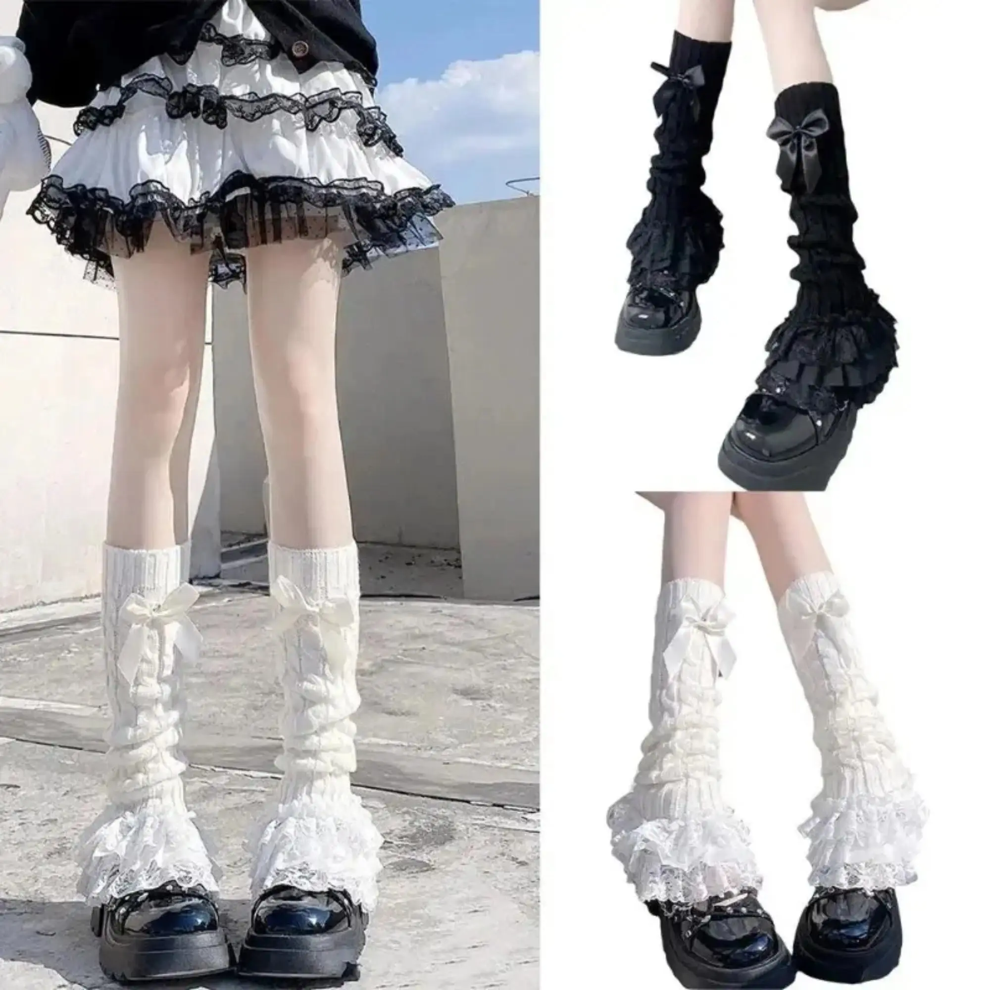 Y2K Lace Leg Warmers for Women, Bow Ruffle Knit Calf Socks, Soft Stretchy Lolita Style Boot Accessories, Cute Coquette Fashion Leg Covers for Daily Wear, School Outfit, Streetwear and Winter Styling
