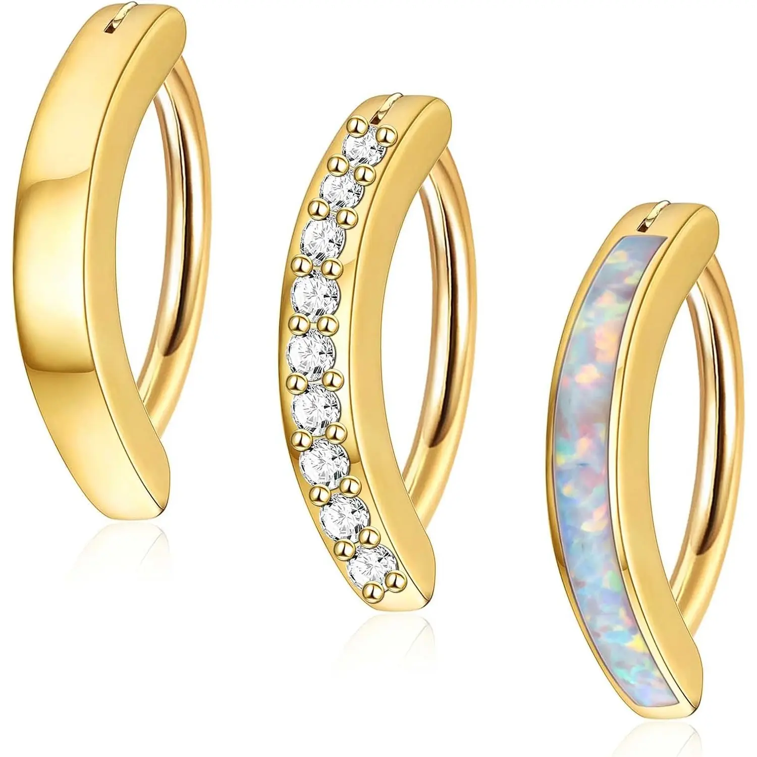 FIASASO 3Pcs 14G Clicker Belly Button Ring for Women - Gold Plated 316L Surgical Steel, Cute CZ Opal Small Hoop, Simple Reverse Navel Piercing Jewelry