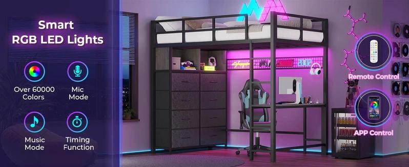 Sikaic Twin Size LED Loft Bed Frame with Desk and 8 Drawers Grey Safety Guardrail Effective Space Saving