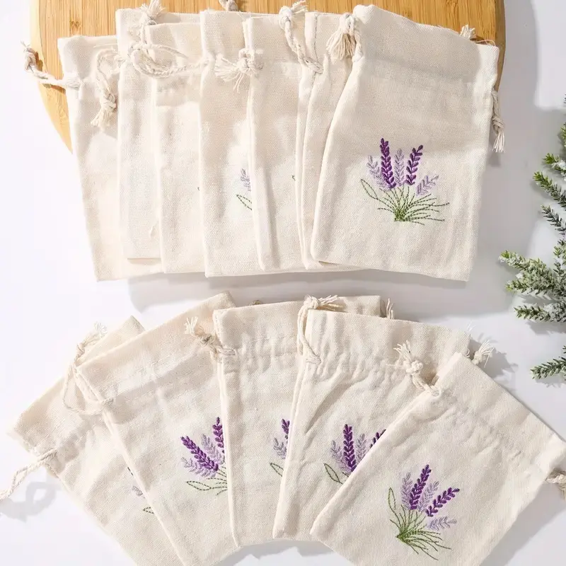 12 Linen Look Embroidered Canvas Bags, Lavender Drawstring Storage Pouches for Jewelry and Small Items, Linen Storage Bags