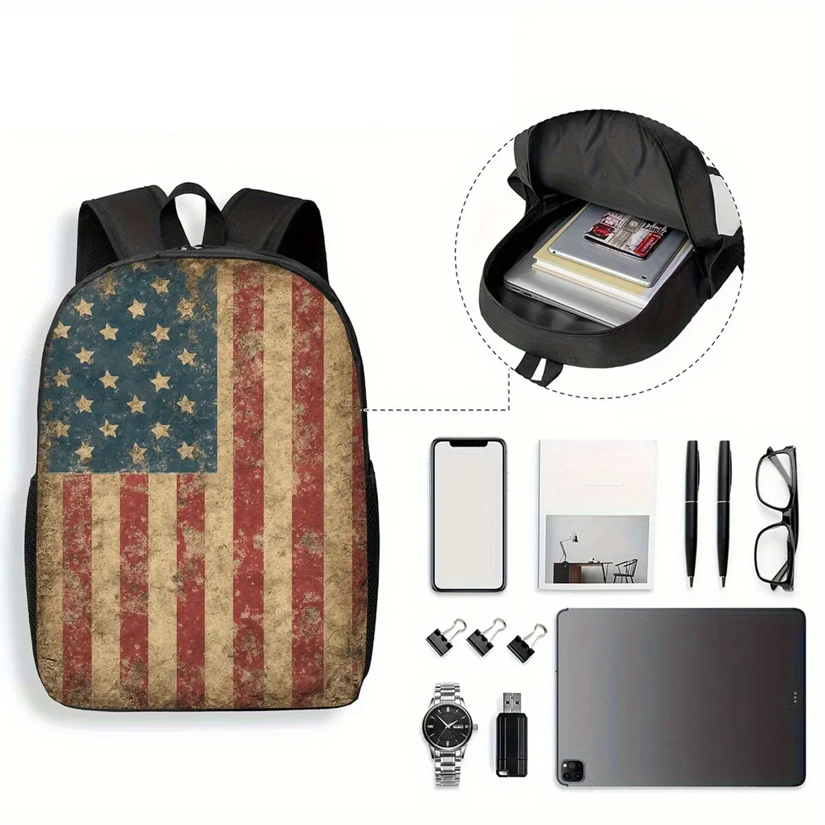 1pc American Flag Backpack - Large 17 Inch Lightweight Durable School Backpack with Adjustable Straps, Water Bottle Holder & Patriotic Stars & Stripes Design for Travel, Work, Commute - Unisex Gift for Holidays, Birthdays, Father’s Day, Backpack for Schoo