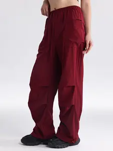Women's Plain Elastic Drawstring Waist Loose Fit Wide Leg Pants, Casual Outdoor Sports Running Hiking Cargo Pants, All Seasons