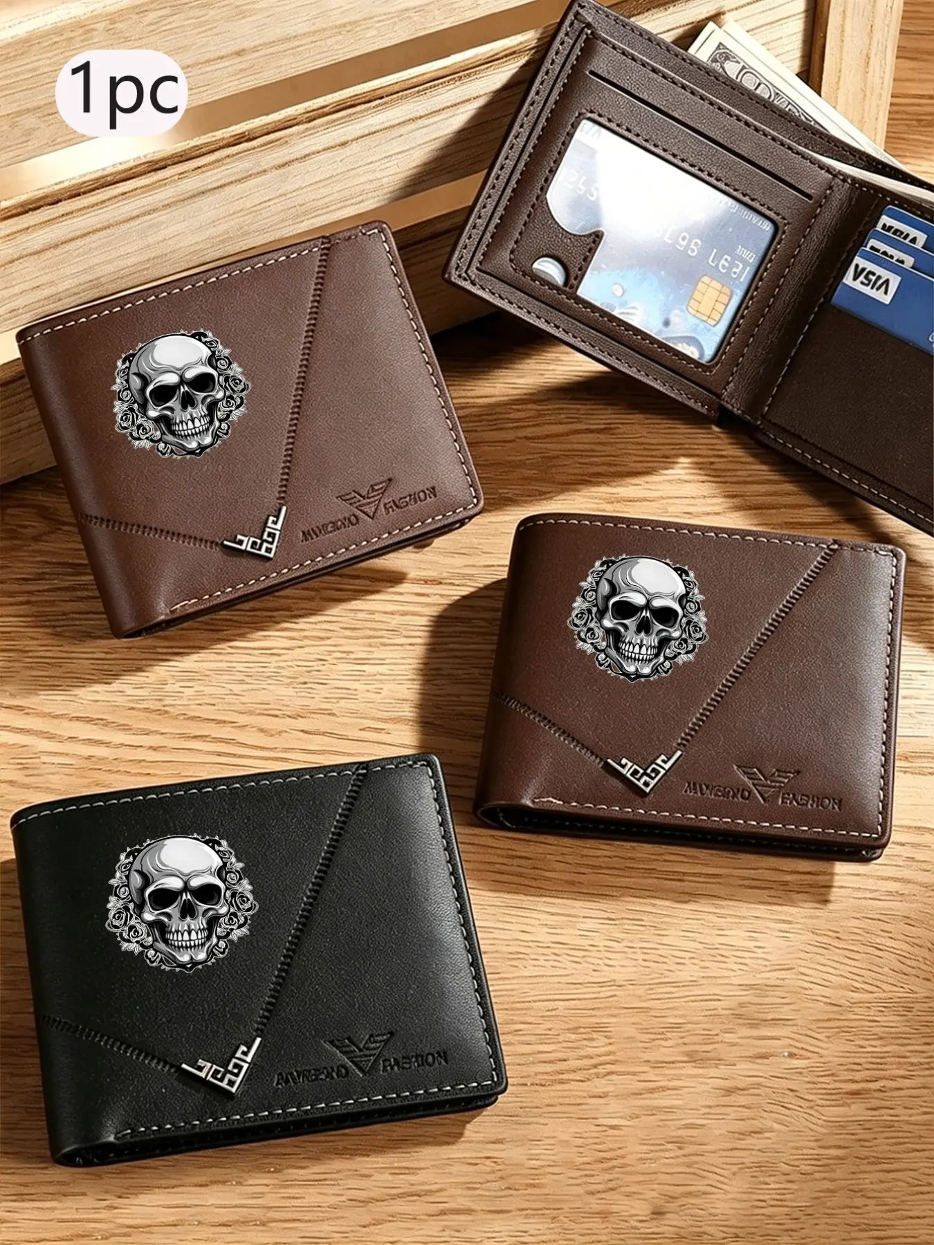 Gothic Skull Rose Mens Bifold Wallet, Vintage PU Leather, Multi Card Slots, Cash Pocket, Fashion Short Wallet for Men, Daily Travel Outdoor