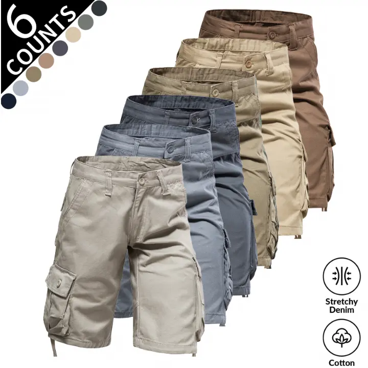 Men's 6pcs-2026 Solid Stretchy Cotton Denim Cargo Shorts, 2026 Summer Menswear Knee-Length Loose Baggy Clothes, Quick Dry Breathable, Multi-Pocket, Button-Zipper Closure, Ideal for Outdoors Hiking Fishing, Loose-Fit