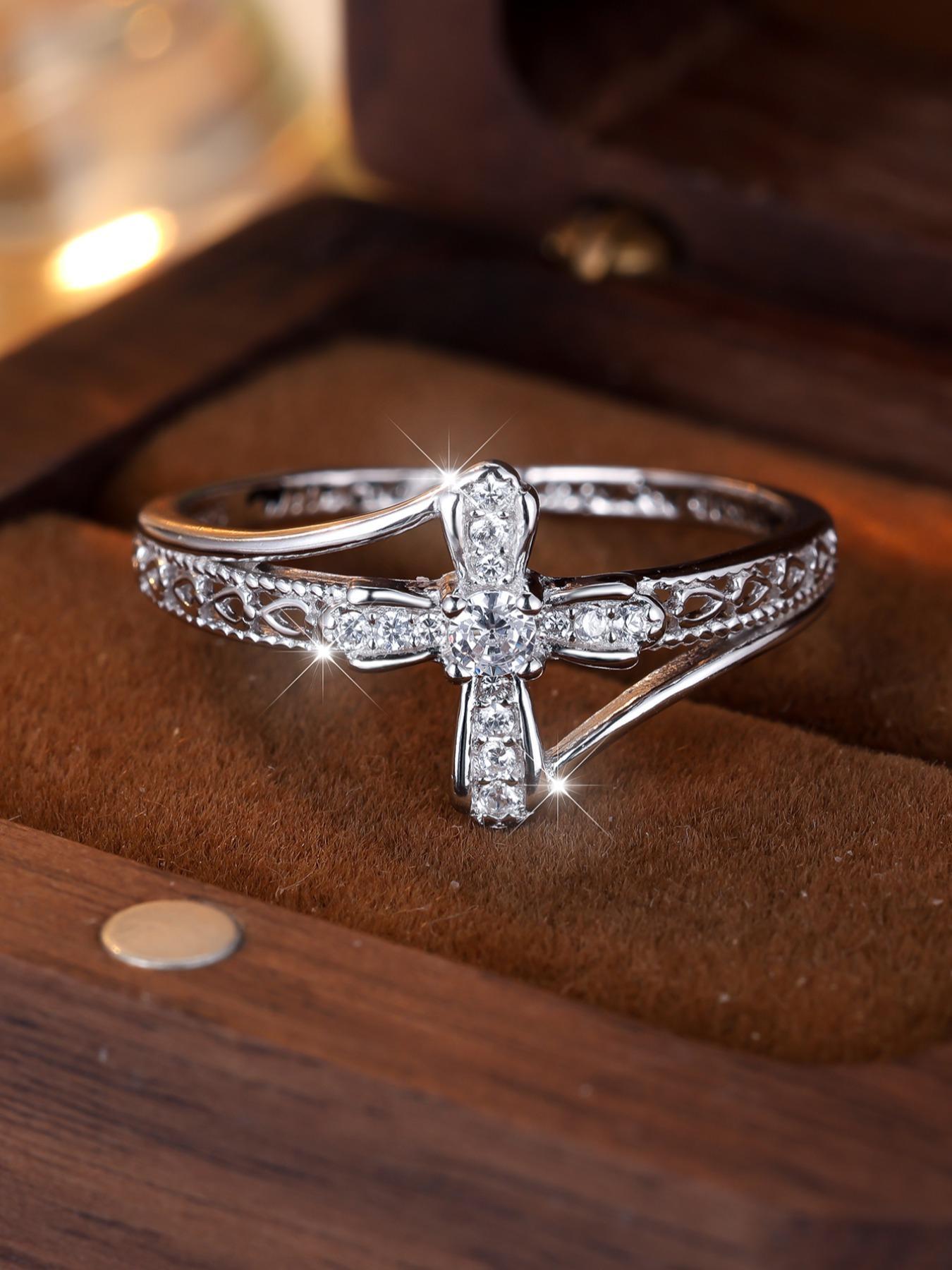 S925 Sterling Silver Cross Design Ring, Criss Cross Ring, Shiny Artificial Zirconia Ring, Fashion Accessories for Women & Men, with Box