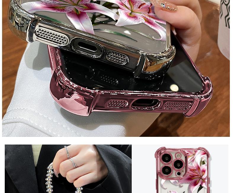 Phone case with pink lily design, compatible with iPhone 11/12/13/14/15/16/17 Pro Max, 14/15/16 Plus, X, & XS Max models, featuring a built-in chrome pink frame and drop protection.