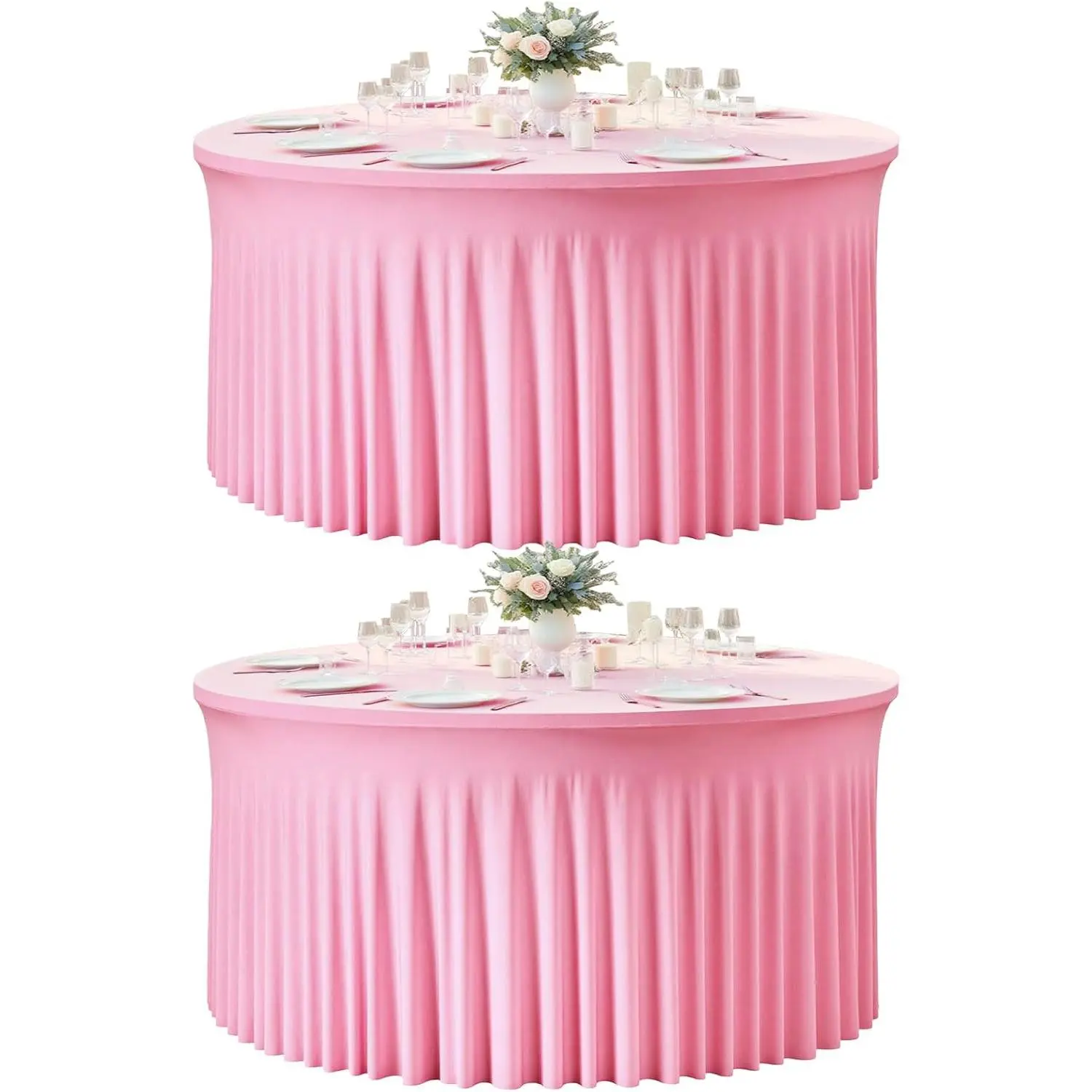 2 Pack Pink Round Spandex Tablecloth for 60 Inch Round Table, 120 Inch Stretch Fitted Tablecloth, Wrinkle-Free Table Cover with Skirt for Birthday, Wedding, Banquet, Party Decor