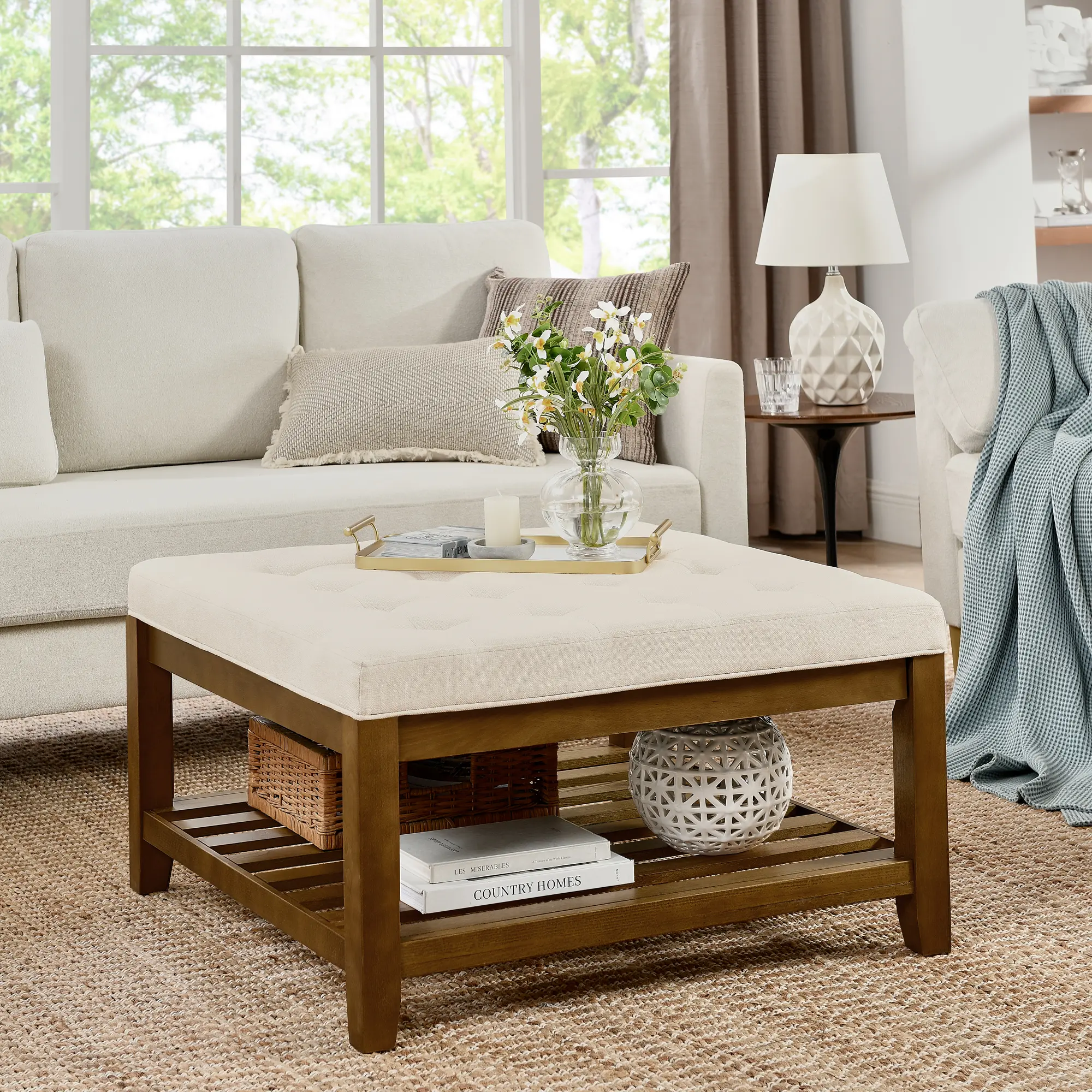 Nokaa Upholstered Coffee Table Tufted Linen Large Square Ottoman with Beech Wood Shelf and Frame, Oversized Footrest Ottoman for Living Room, Office, Bedroom, Outdoor, Ivory, 33.5x33.5x18.5 Inches, Linen Material