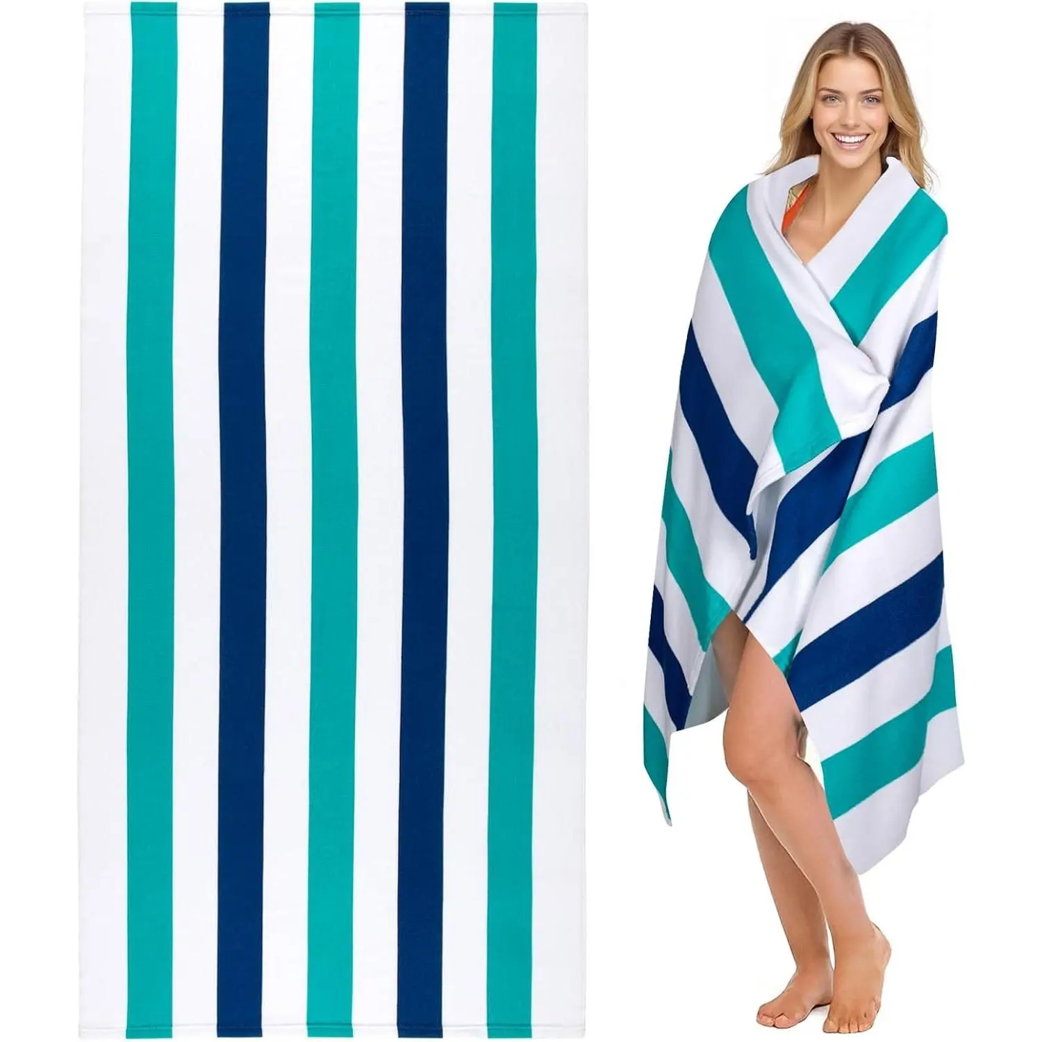 Large Oversized Beach Towel - Microfiber Sand Free, Quick Dry Lightweight Pool Towel for Adults, Thin Striped Swim Towel, 35 x 70 Inch (Turquoise)