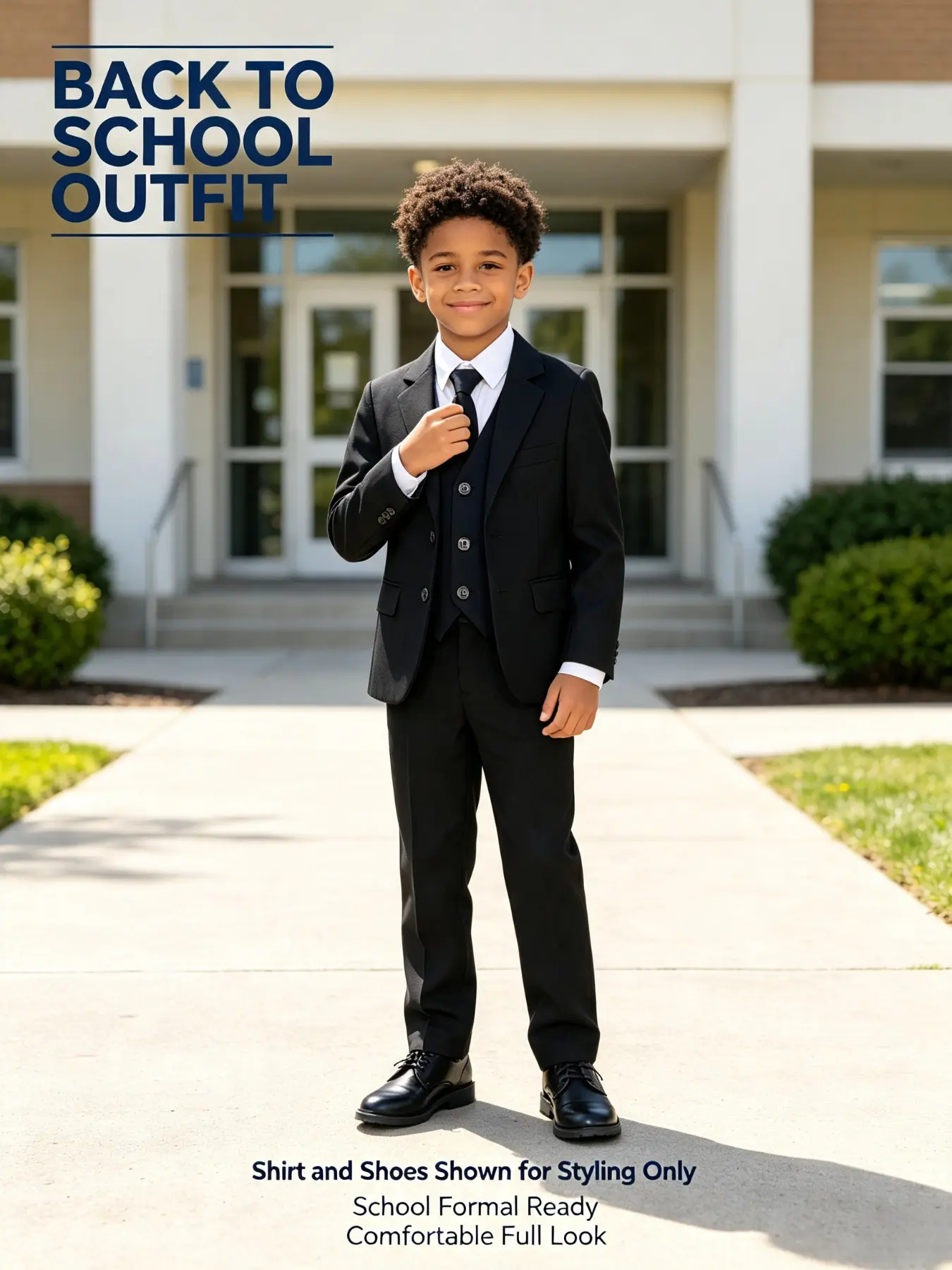 Boys 4 Piece Suit Set | Jacket + Vest + Pants + Tie, Black & Navy Available, Size 100-170cm, Formal Outfit for Toddlers & Teens, Perfect for Wedding, Graduation, Stage Performance, Church Events！（Shirt Not Included）