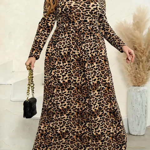 Women's Round Neck Long Sleeve Fitted Stretchy Casual Lady Long Maxi Plus Size Leopard Statement Dress, Perfect for Bridesmaids, Dresses to Wear to a Wedding, Vintage Style Wedding & Party Wear, Comfortable Soft Knit Fabric, Spring, Womenswear