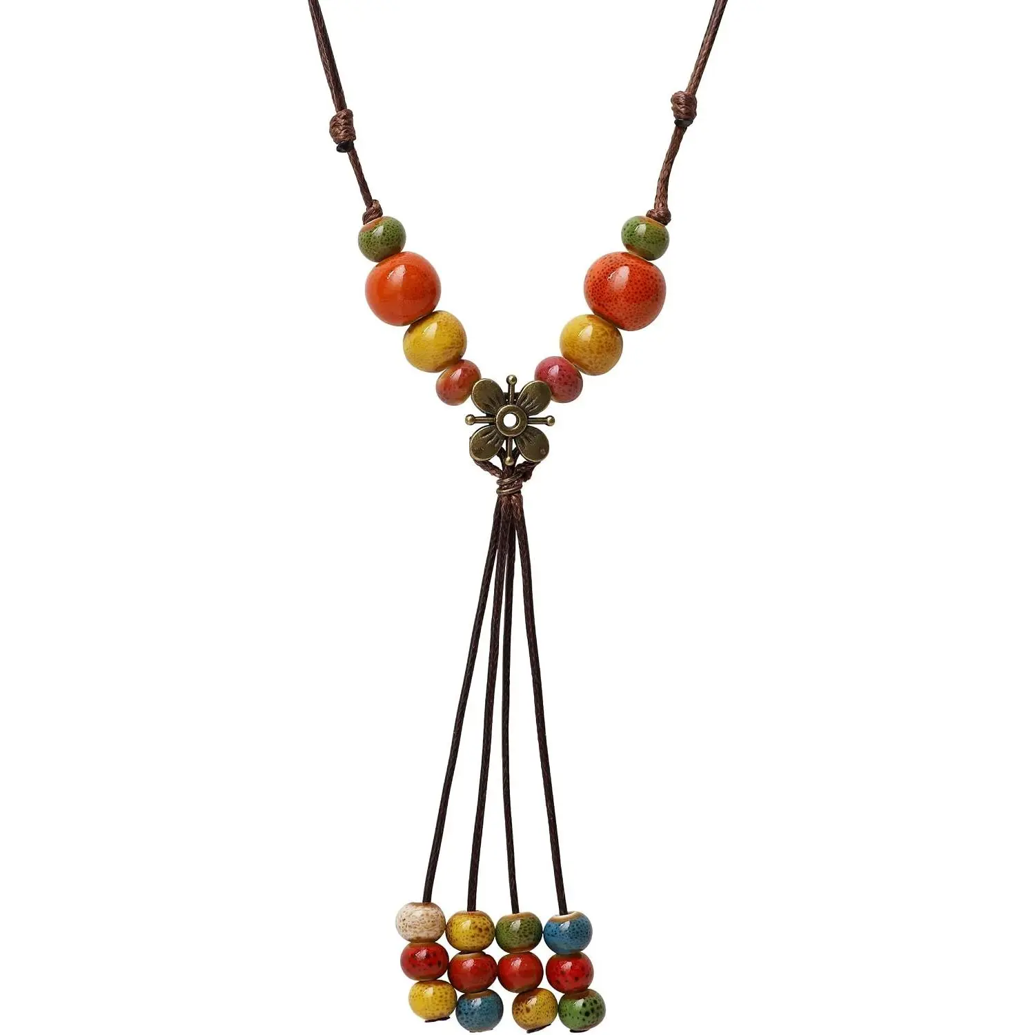 Bohemian Flower Colorful Ceramic Beads Lariat Necklace, Tassel Beaded , Gifts for Women