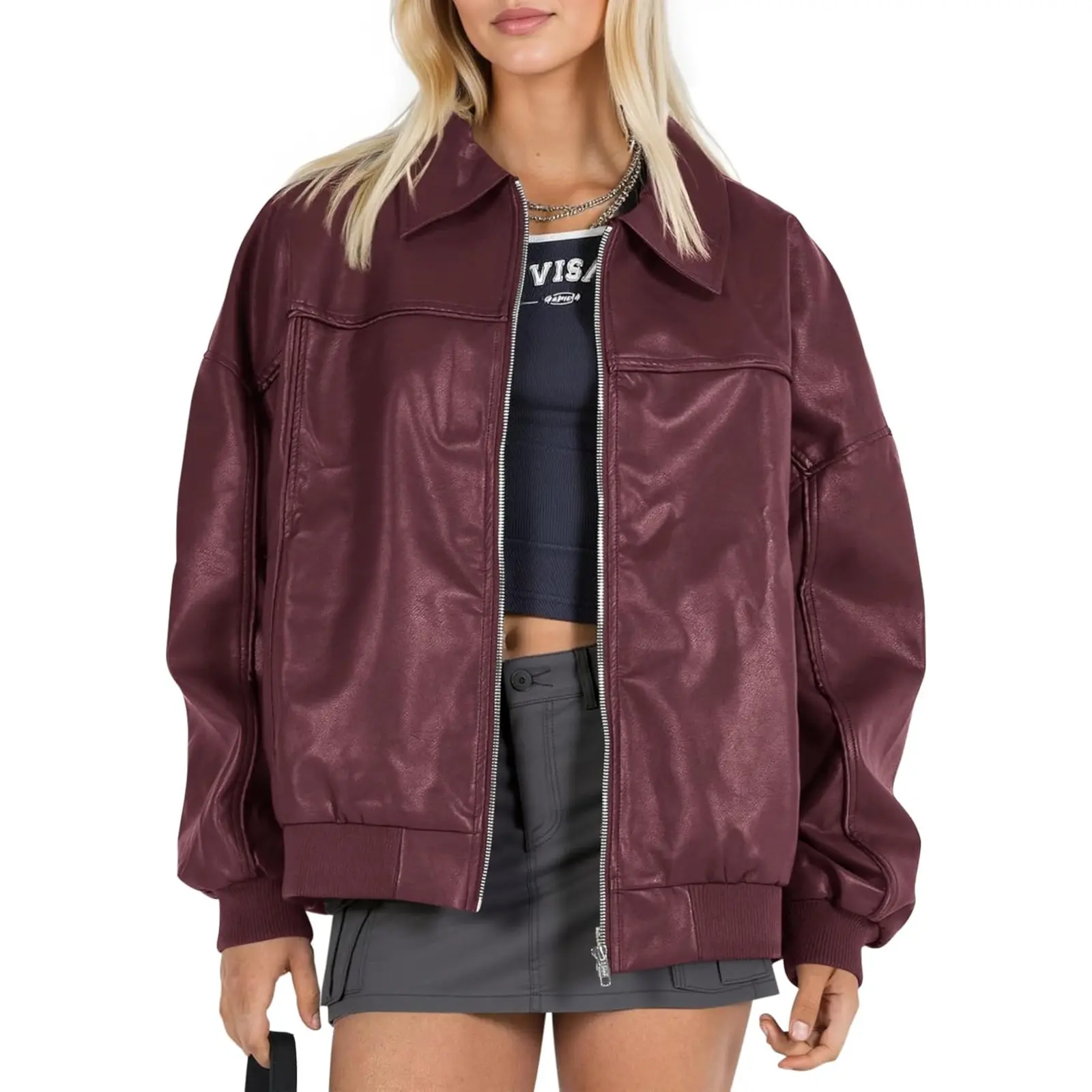 Tankaneo Women's Faux Leather Oversized Bomber Jacket - Collared, Loose Fit Tops, Zip-Up Moto Biker Coat for Fall Casual Wear, Thanksgiving & Valentine's Day, Valentines Day