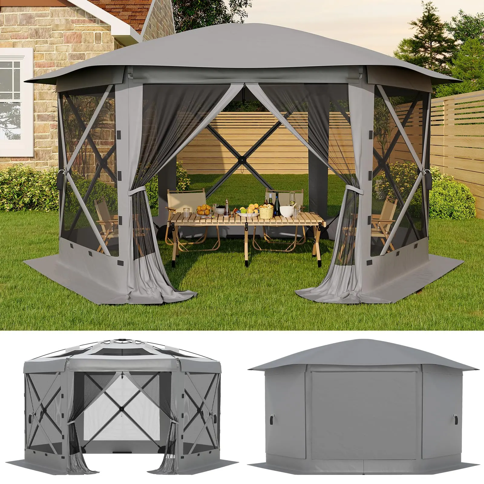 Garvee 6-Sided Pop Up Outdoor Gazebo Tent - Instant Easy Setup Camping Canopy Shelter with Mosquito Netting, Removable Wind Cloths - Heavy-Duty Windproof UV-Resistant Sun Protector for Patio, Backyard