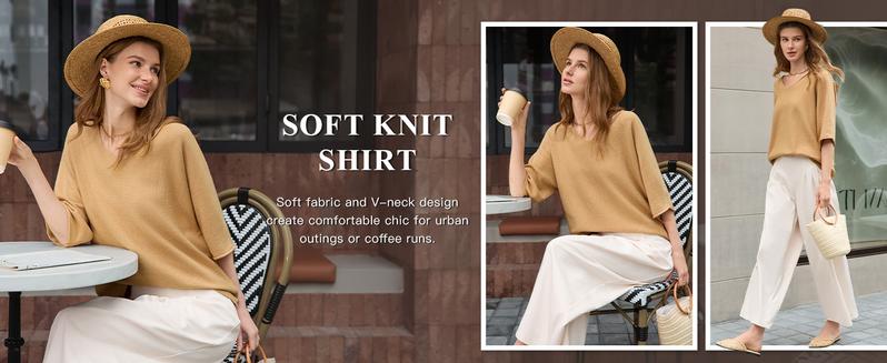 Saodimallsu Womens Oversized Summer Sweater Half Sleeve Batwing V Neck Dolman Sleeve Trendy Casual Knit Tops