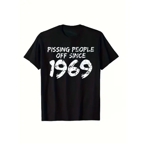 Men'S Vintage 1969 Retro Punk T-Shirt "Pissing People Off Since 1969" Slogan, 60S Hippie Style Black Tee with White 60S Number Print, Casual Round Neck Shirt for Concerts & Casual Attire, Summer Short Sleeved Printed T-Shirt,