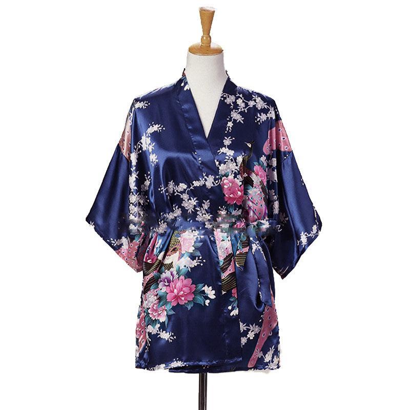 Lace Up Woman Peacock Print Japanese Kimono Yukata Silk Satin Short Style Sleepwear Home Nightgown Bath Robe Costume