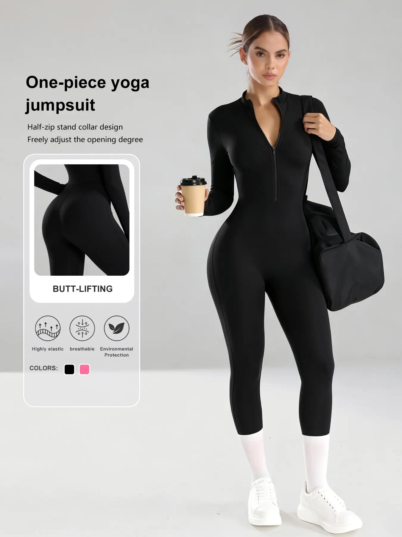 One-Piece Yoga Jumpsuit, Adjustable Neck Half-Zip Fitness Suit, Long Sleeve Pilates Jumpsuit, Butt Lifting, Soft Fabric, Streetwear