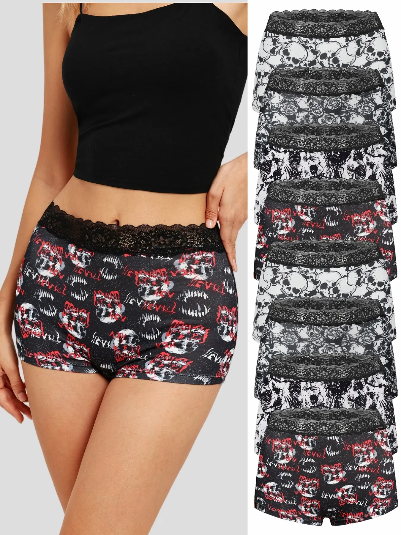 8-Pack Halloween Skull Print Women Boyshort Underwear, Lace Trim High Stretch Gothic Spooky Pattern Ladies Boxer Briefs Alt Girl Everyday Underwear Set