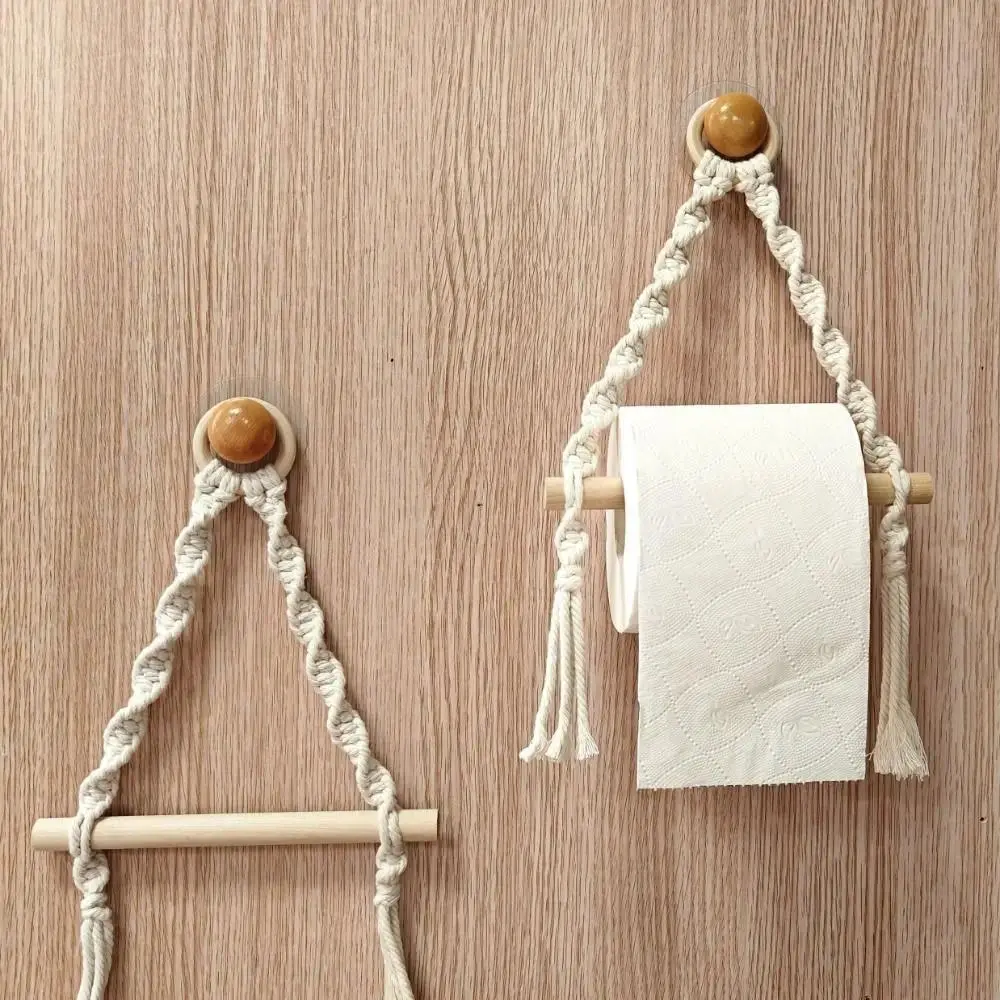Boho Wooden Toilet Paper Holder, Nordic Style Wall Hanging Tissue Rack with Cotton Rope, Rustic Bathroom Storage Organizer, Decorative Roll Holder for Farmhouse, Apartment & Home