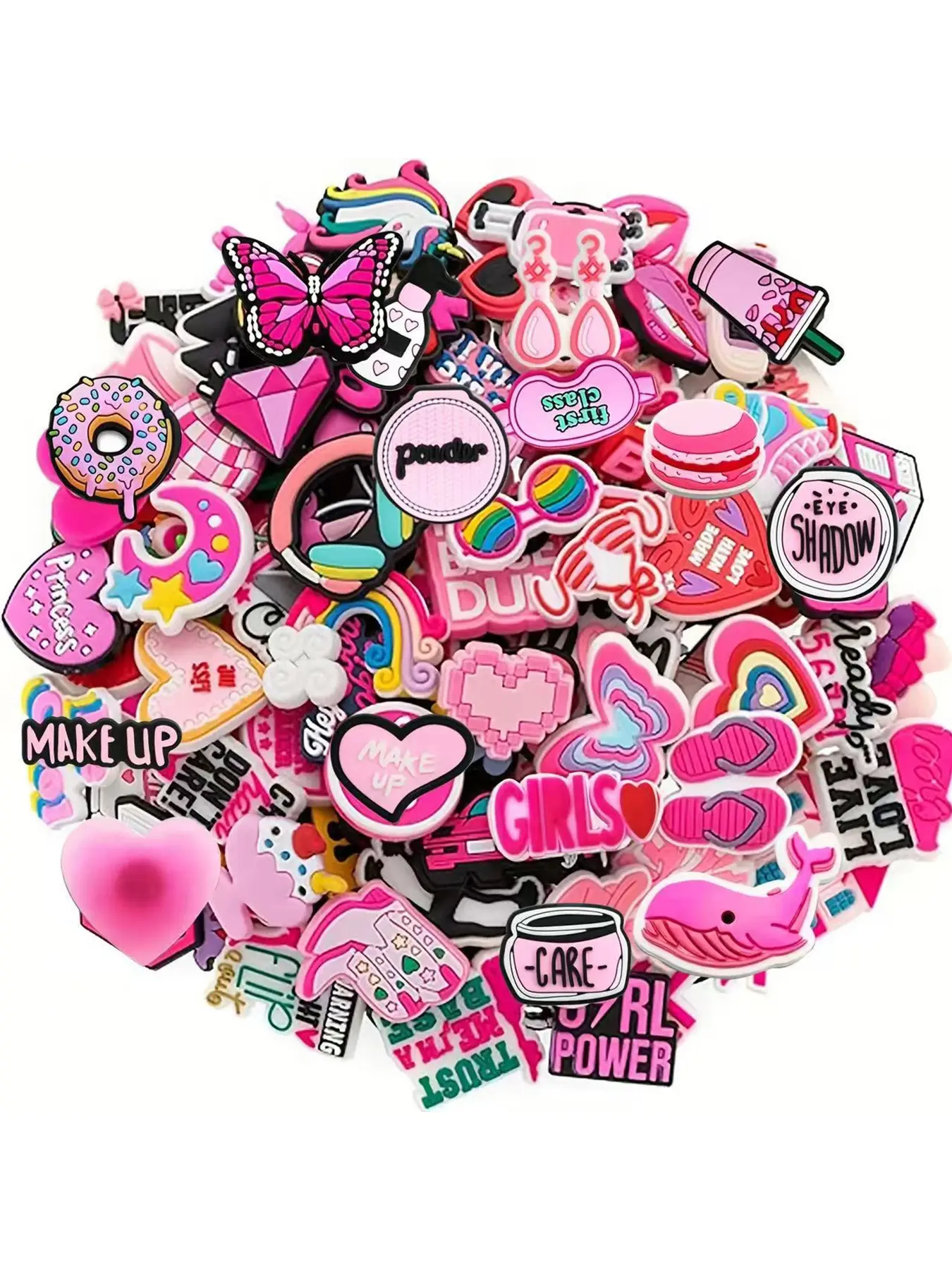 30/50/100pcs Cartoon Pink Random Shoe Buckles Set, Suitable for Sandals/sneakers/barefoot Shoes, PVC Shoe Accessories, Beach Bag