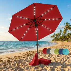 10FT Solar Umbrella with 32 LED, Crank & Push Tilt | 8 Tough Ribs UV Shade for Pool Deck Yard