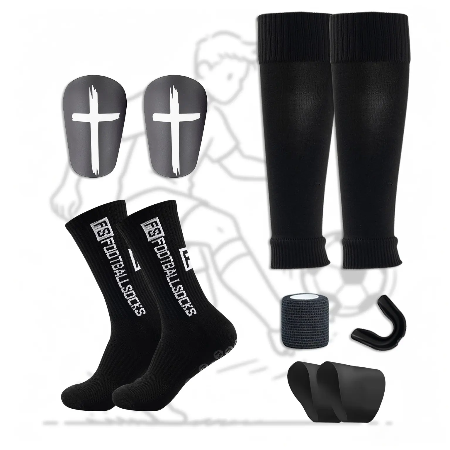 6-Piece Unisex Soccer Gear Set, Soccer Accessories, Sports Socks, Leg Guards, Training Insoles, Bandages, Mouthguards, Shoe Covers, Outdoor Training, Football Equipment