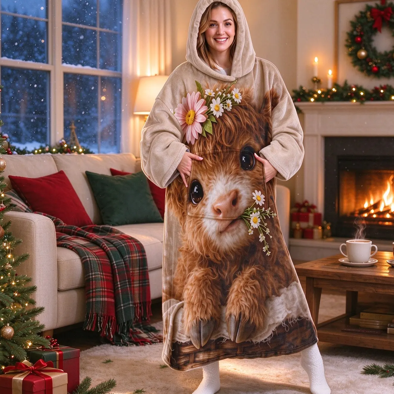 Adult Wearable Blanket Hoodie, Large Polar Bear Pattern, Soft Flannel, Warm and Comfortable, Big Pockets, Christmas Birthday Gift, Holiday Gift