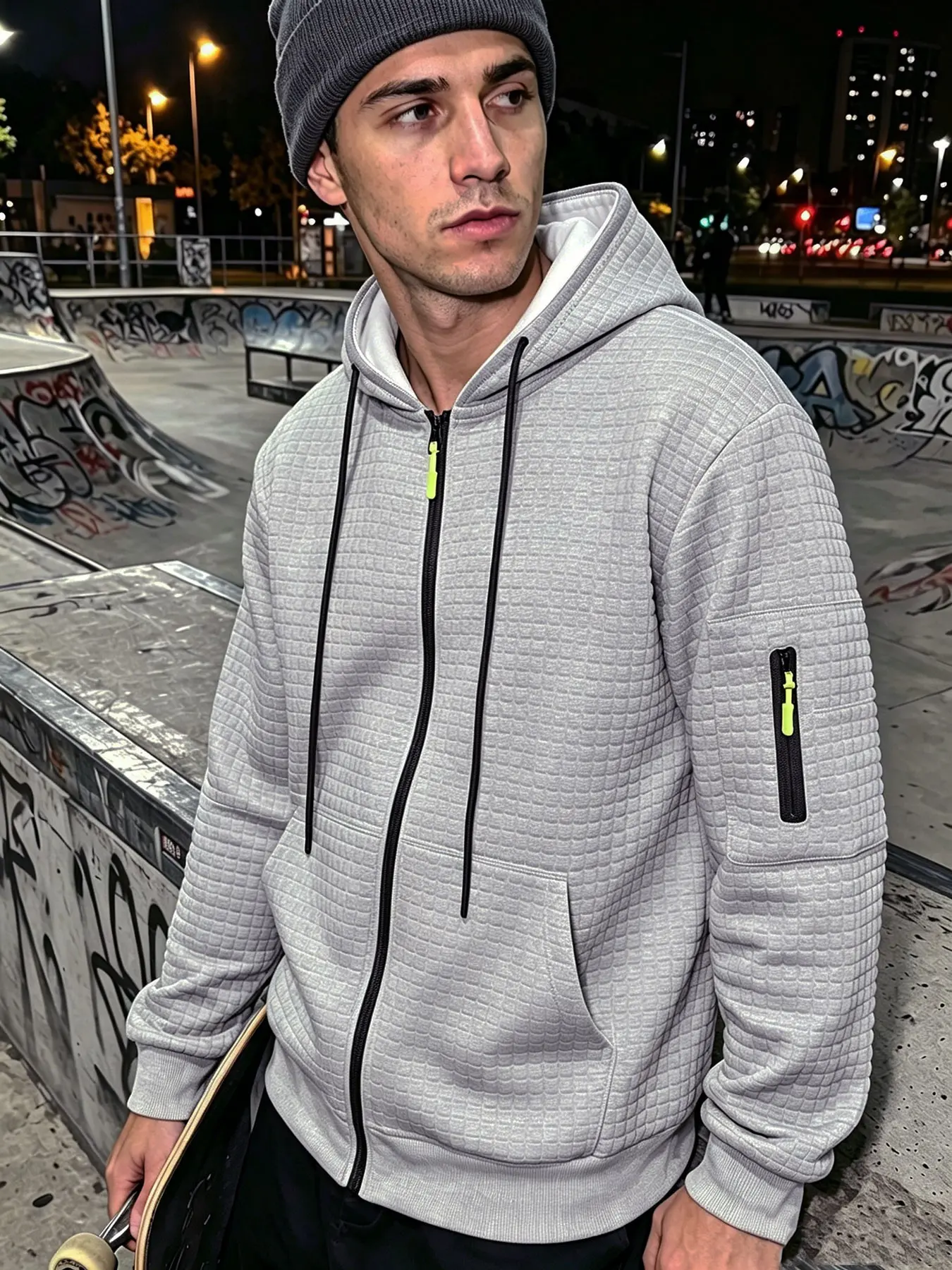 Men's Plain Waffle Jacket, Casual Long Sleeve Outerwear, Hooded Zipper Design, Fall & Winter Warm Sports Coat, Arm Pockets Included