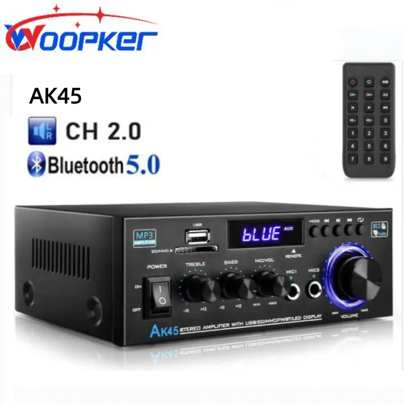 Woopker AK45 Stereo Receiver Amplifier, Home Audio 300W Power  2.0 Channel Power Amplifier, Bluetooth, RCA, SD Card, FM Radio, USB, MIC Input, for Home Stereo System, Karaoke, Speakers