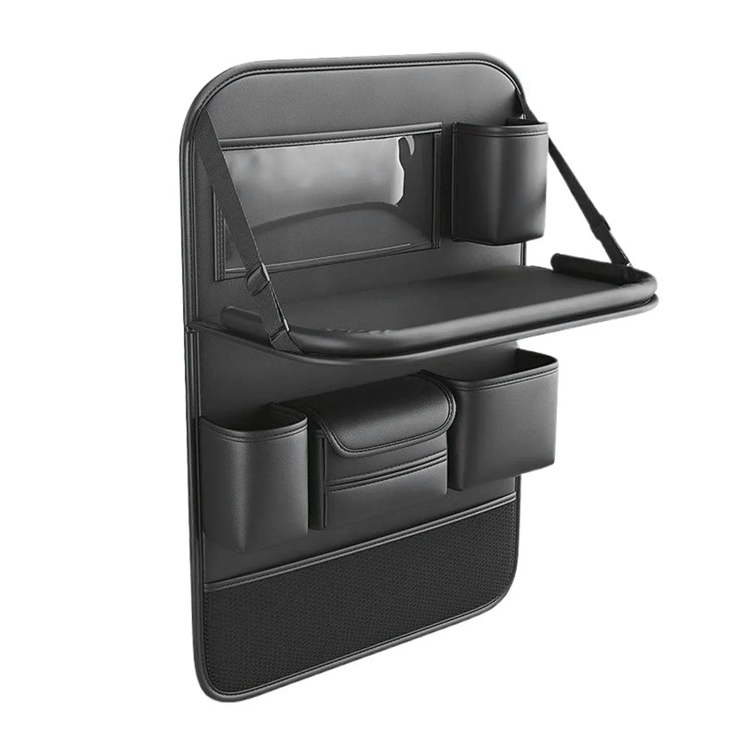 1/2 Pack Universal Foldable Car Backseat Organizer with Table Tray, Car Seat Back Protector with Touch Screen Phone Holder, Premium Leather Kick Mats with Storage Pockets Tissue Holder (Black)