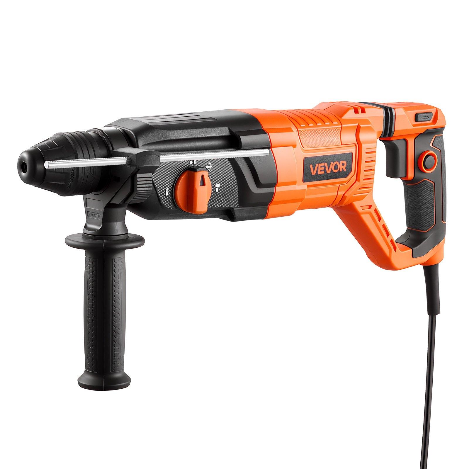 VEVOR Rotary Hammer Drill, 1-1/8 in SDS-Plus Electric Corded Heavy Duty Rotary Hammer, 4 Functions, Including 3 Drill Bits, Flat Chisel, Pointed Chisel, and Carrying Case, for Concrete and Masonry