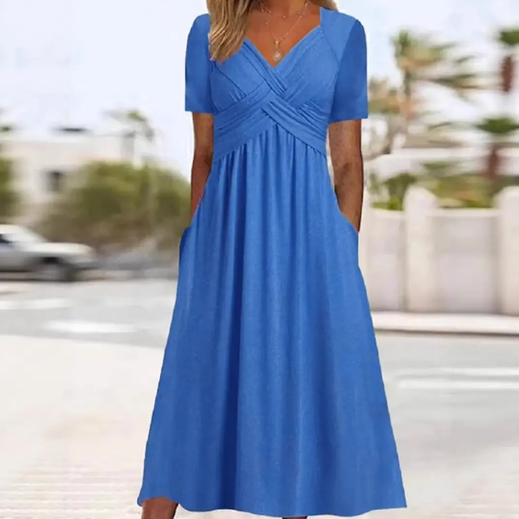 Women’s Light Minimalist Polyester Crisscross V-Neck Empire-Waist Midi Dress - Short Sleeve, Ruched A-Line, Pockets, Flat Garment for Casual Summer Vacation, Feminine