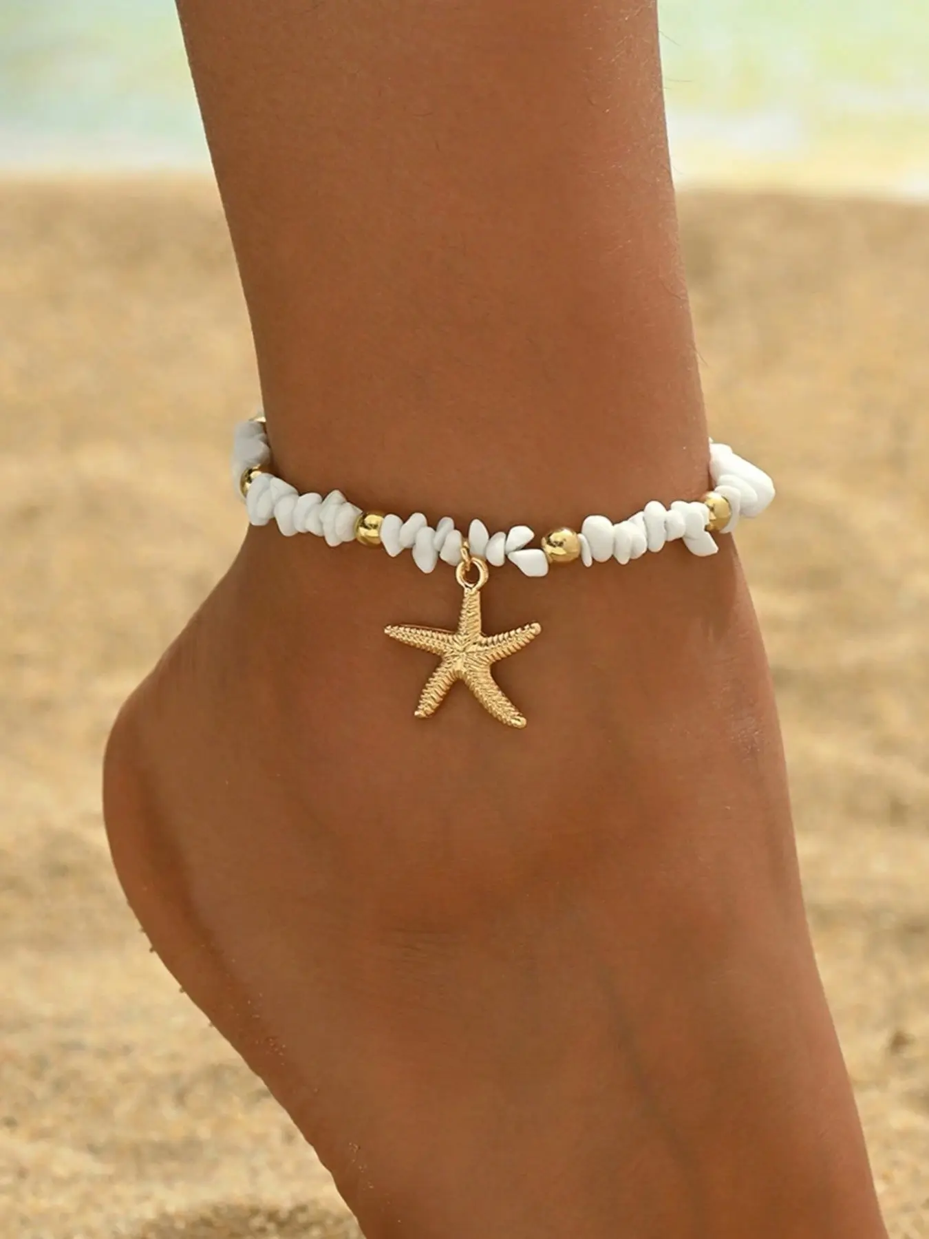 Turquoise Anklet, Boho Style Star Pattern, Metal Star Pendant, Natural Stone Fragments, Ideal for Daily & Vacation Wear
