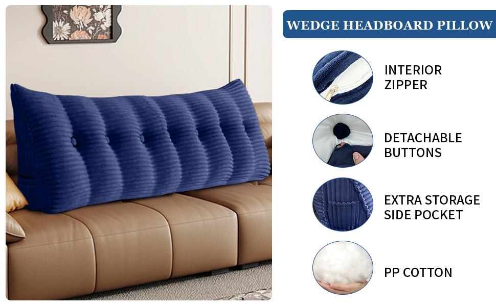 Headboard Pillow Twin Triangular Wedge Pillow for Headboard Bolster Pillow for Bed Sofa Daybed Pillow for Sitting Up Reading or Working with Removable Cover, Blue