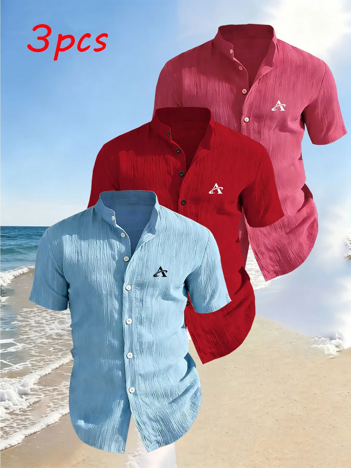 3-Pack Men's Summer Short Sleeve Shirts, Chest Print Design, Lightweight Breathable Solid Stand Collar Button Shirt, Ideal for Beach Poolwear, Tops