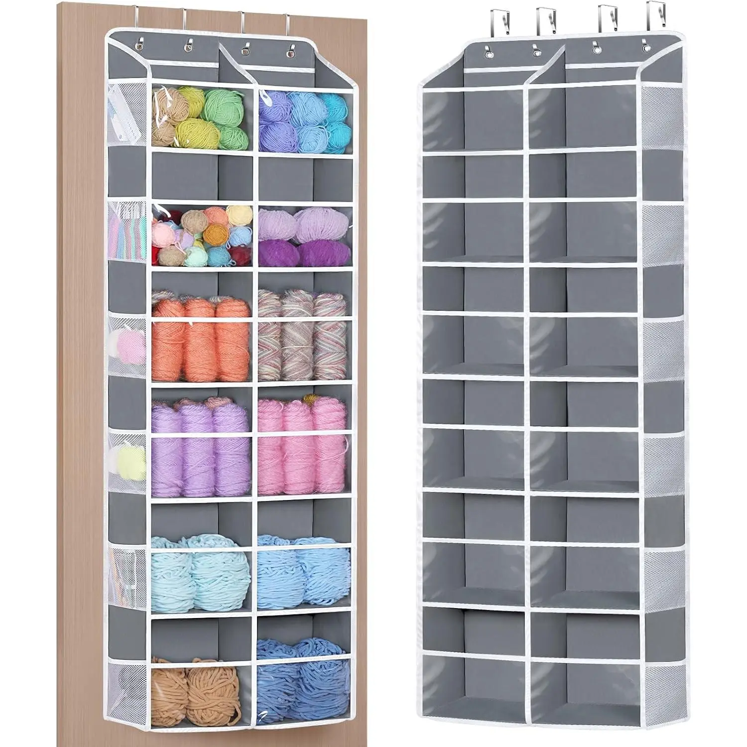 Hanging Yarn Storage Organizer, Extra Large 6 Tiers Crochet Bag Organizer with Clear Deep Pockets, Over the Door Yarn Storage for Crochet Hook, Knitting Needles (Grey)