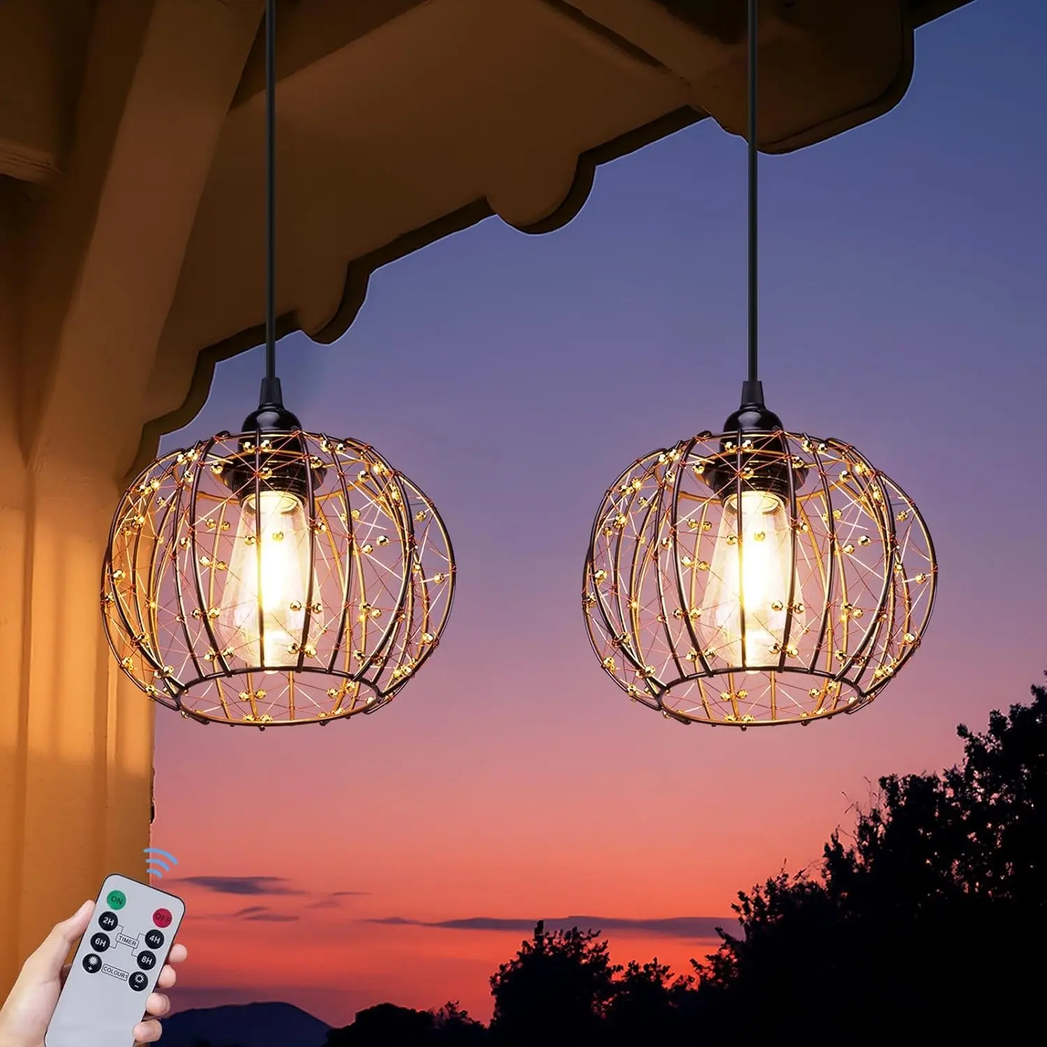 Battery Operated Hanging Chandelier Outdoor, Set of 2 with Remote, No Wiring, Boho Copper Wire Beaded Pendant Light, IP55 Weatherproof, Dimmable Timer, for Gazebo Pergola Porch Patio DecorGift