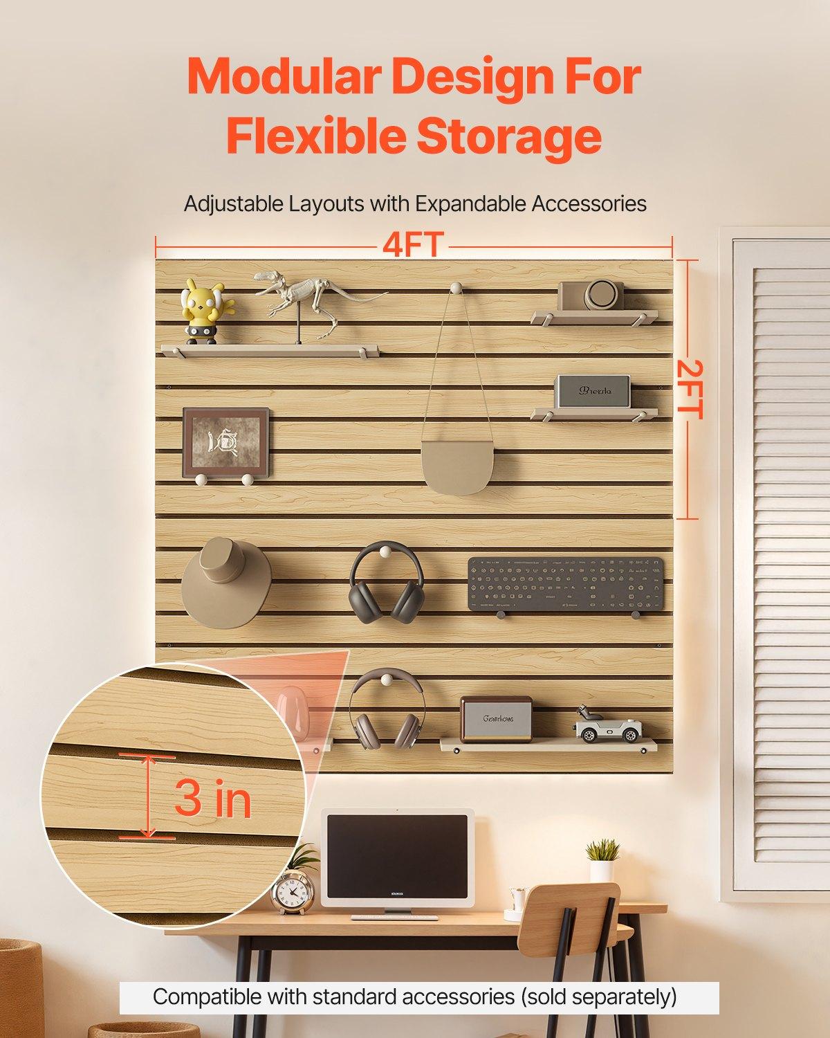 VEVOR Slat Wall Paneling, 4 x 4ft, MDF Garage Slatwall with Modular Design, Natural Slat Wall Easy-to-Install Adjustable Slatwall Panel with Coupling Structure & DIY Cutting, Fit for Storage & Display