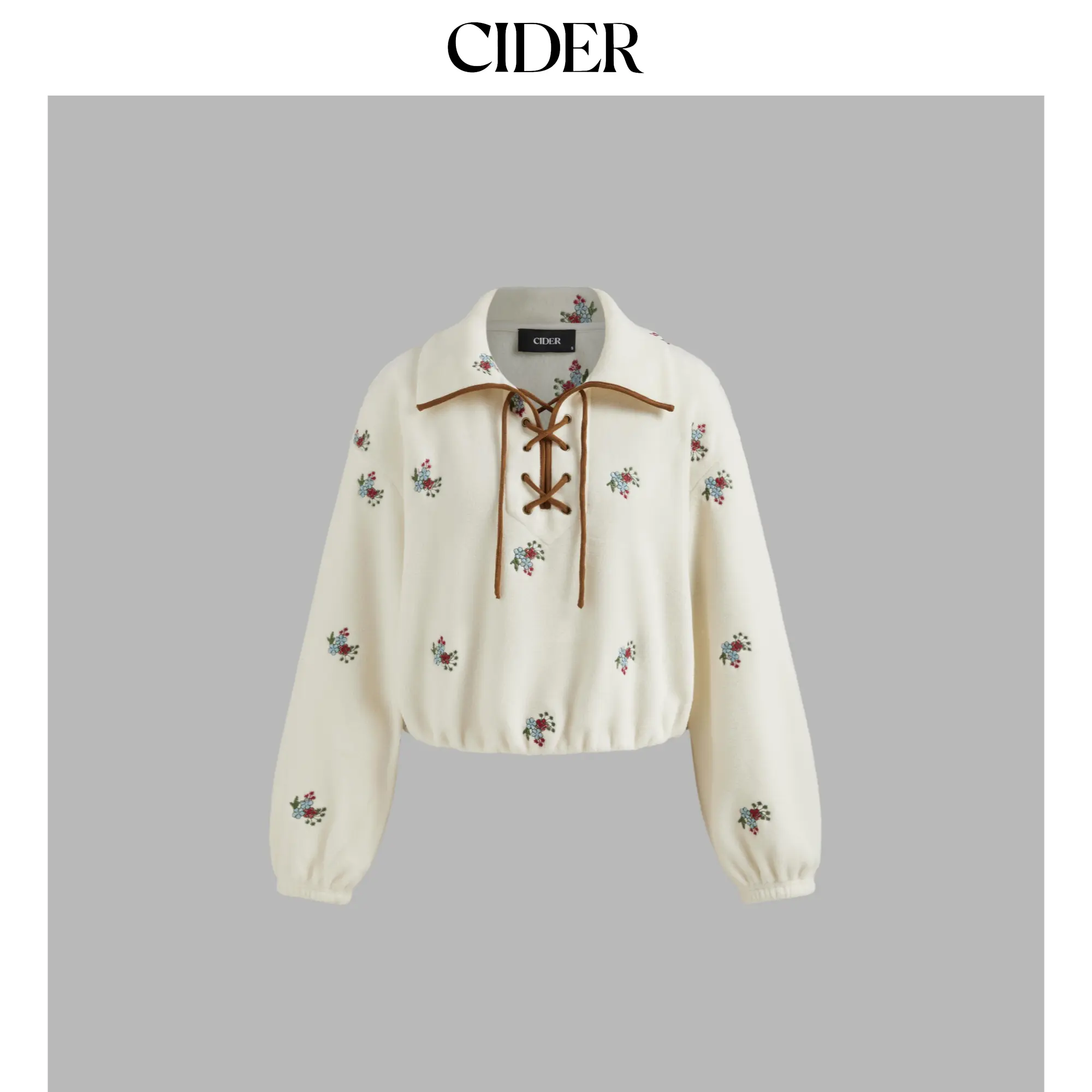 Cider [size 2-26] Fleece Collar Floral Embroidery Lace Up Oversized Sweatshirt
