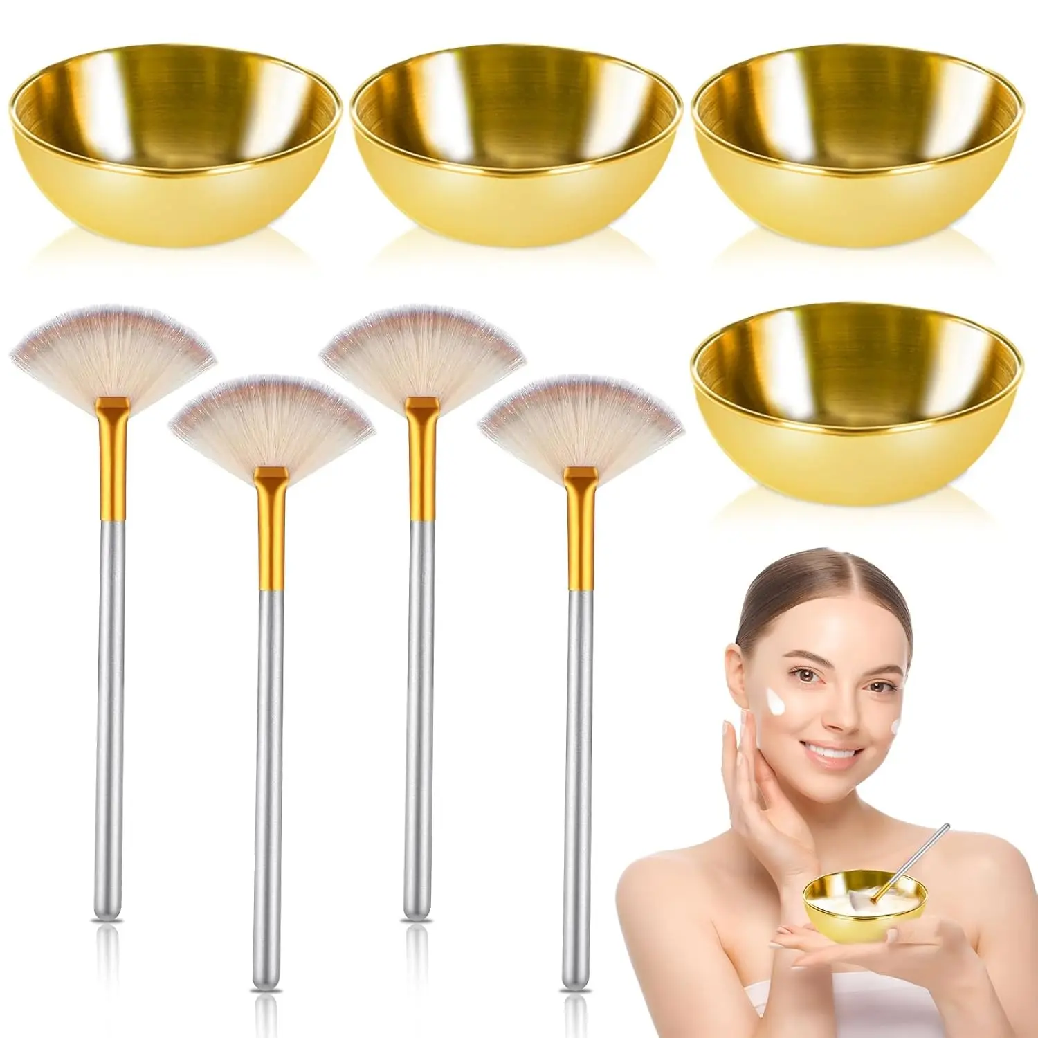8 Pcs Gold Facial Bowl and Brush Set 4 Gold Stainless Steel Mixing Bowls 4 Facial Fan Brushes Esthetician Face Mask Brush for Mud Cream Makeup Spa Salon