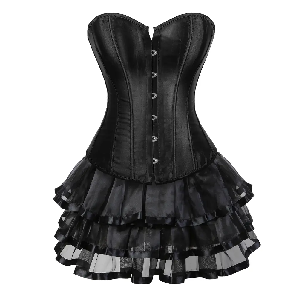 Black Corset Dress for Women 2 Pieces Sexy Medieval Renaissance Victorian Bustier Top Body Shaper Halloween Pirate Cosplay Costume with Short Skirt Tutu Vintage Design Fairy Fashion Lace Womenswear Elegant Korsett Corsé Mujer Corsetto Fashion Medieval